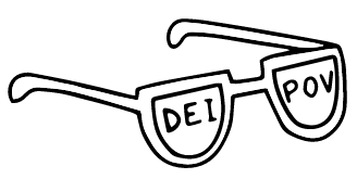 A line drawing of eyeglasses with the letters DEI on one lens and the letters POV on the other.